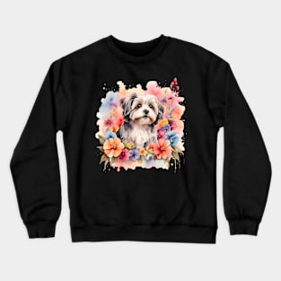 A havanese decorated with beautiful watercolor flowers Crewneck Sweatshirt